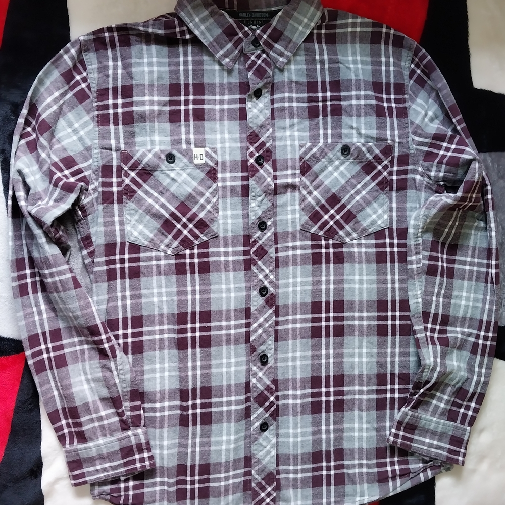 Harley-Davidson Burgundy and Gray Plaid Shirt